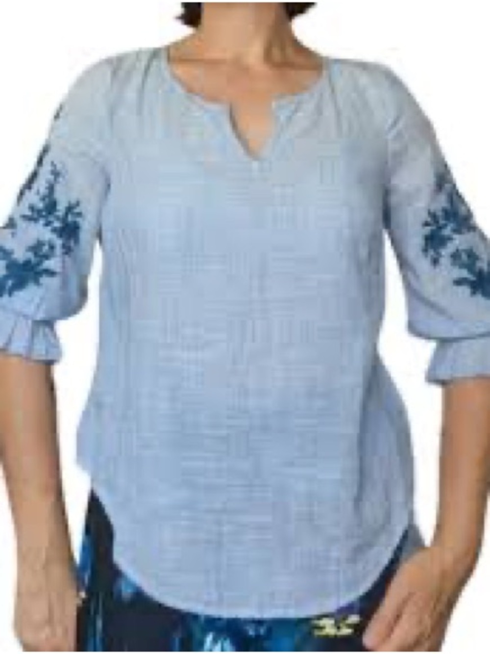 Liz Claiborne Light Blue Split-Neck Tunic with Navy Embroidery